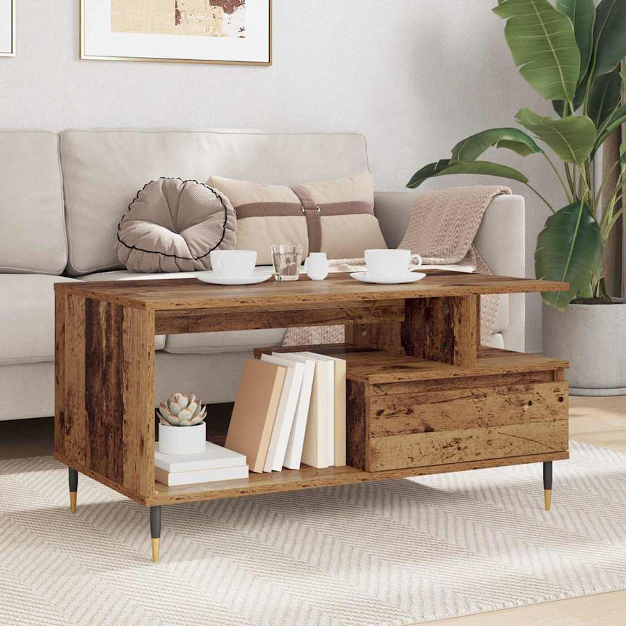 Salontafel met lade Oud hout 90 x 49 x 45 cm Bewerkt hout