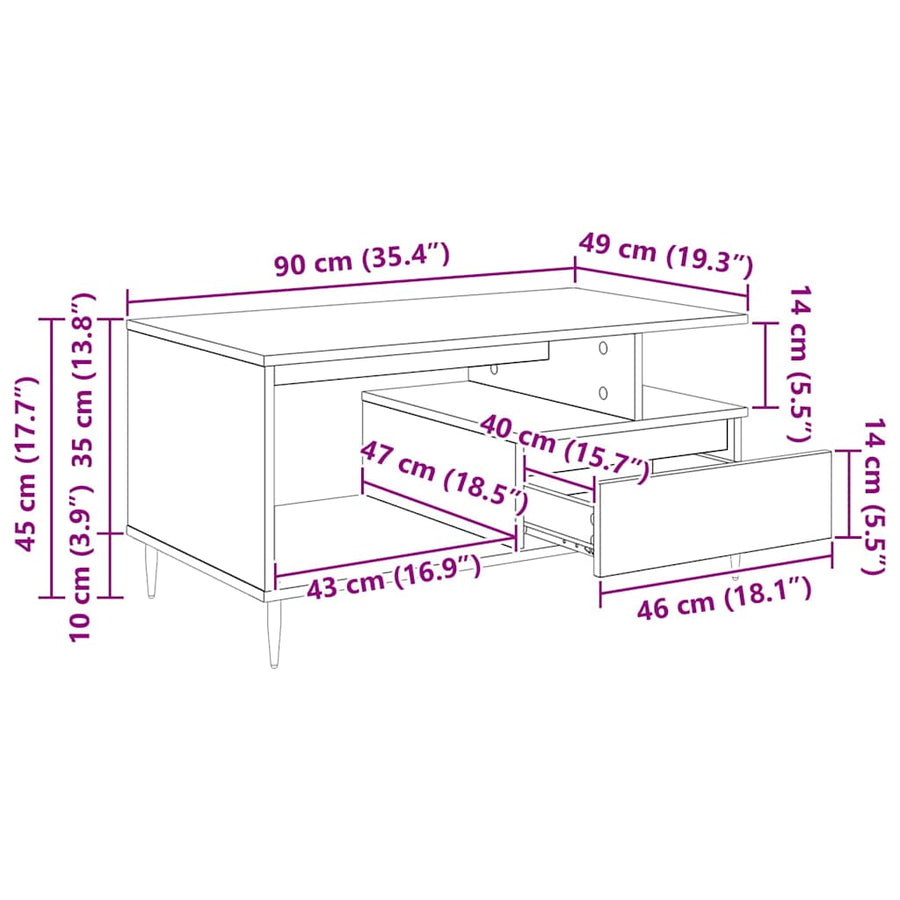 Salontafel met lade Oud hout 90 x 49 x 45 cm Bewerkt hout