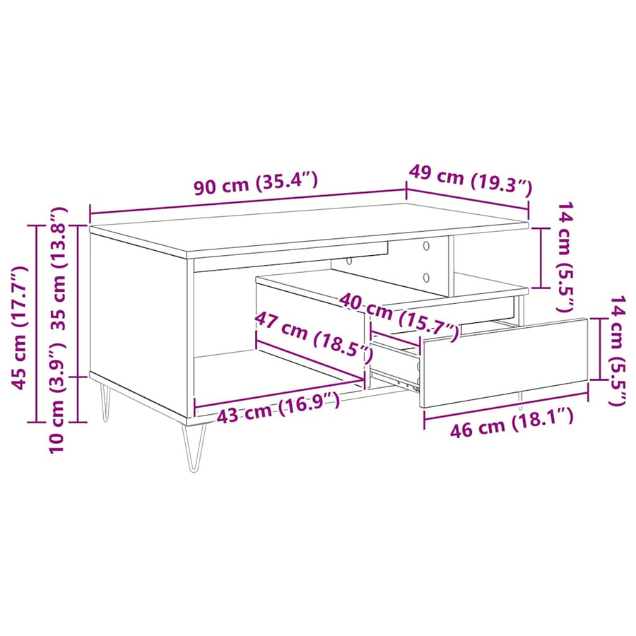 Salontafel met lade Zwart Eiken 90 x 49 x 45 cm Bewerkt hout