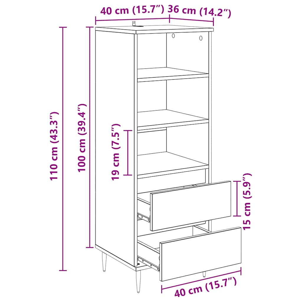 Highboard met lade Artisan Eiken 40 x 36 x 110 cm Bewerkt hout