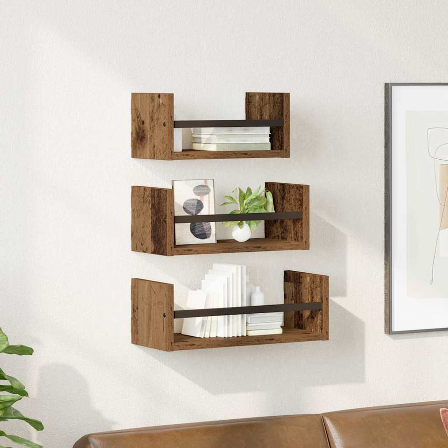 Wandplankenset met plank 3 pcs Oud Hout 40x16x14cm Bewerkt hout