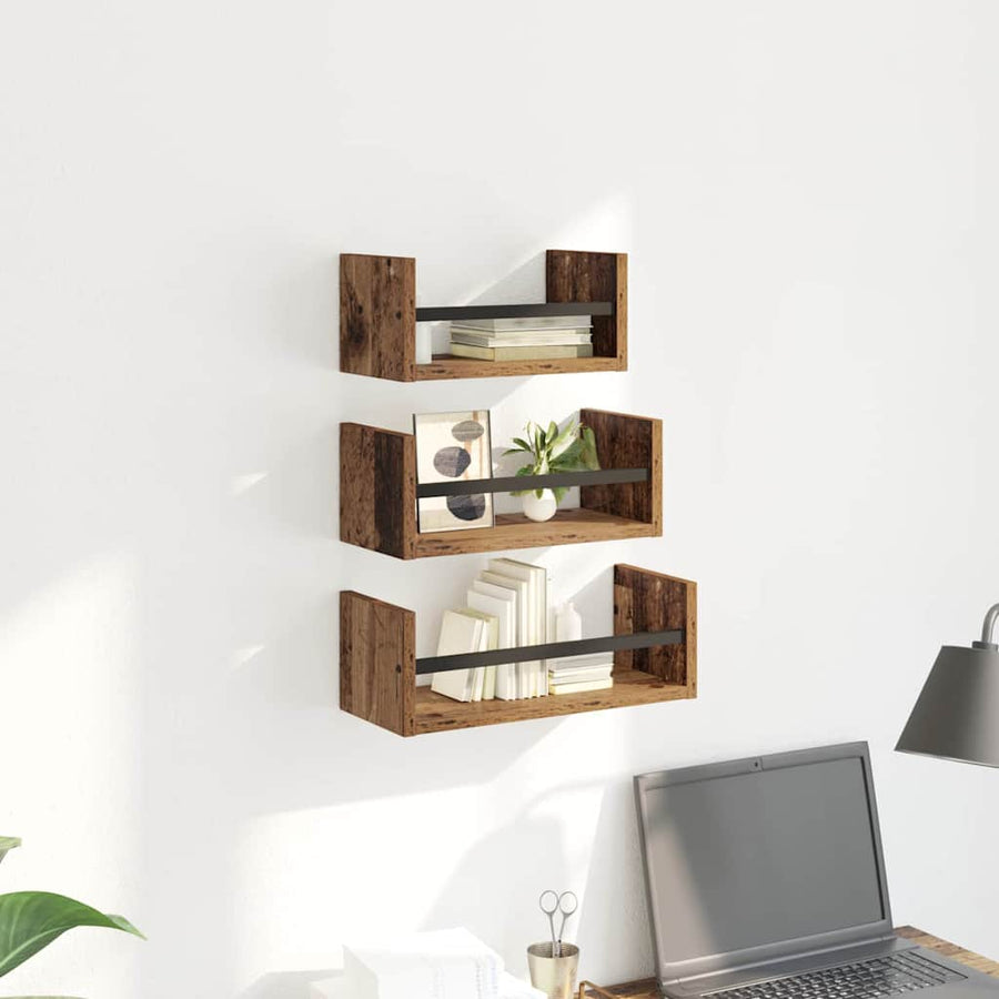 Wandplankenset met plank 3 pcs Oud Hout 40x16x14cm Bewerkt hout