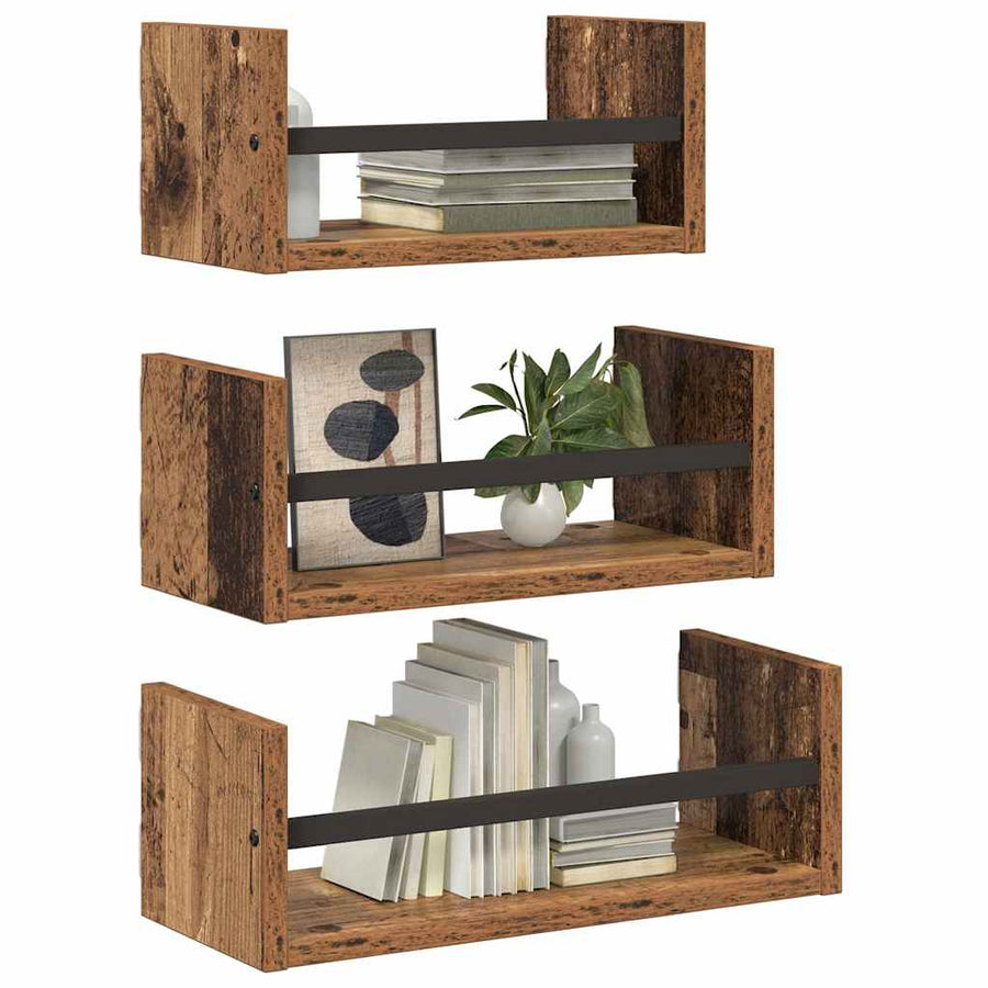 Wandplankenset met plank 3 pcs Oud Hout 40x16x14cm Bewerkt hout