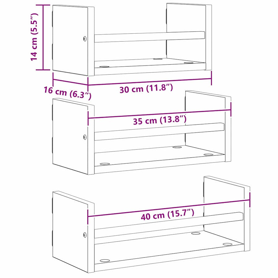 Wandplankenset met plank 3 pcs Oud Hout 40x16x14cm Bewerkt hout