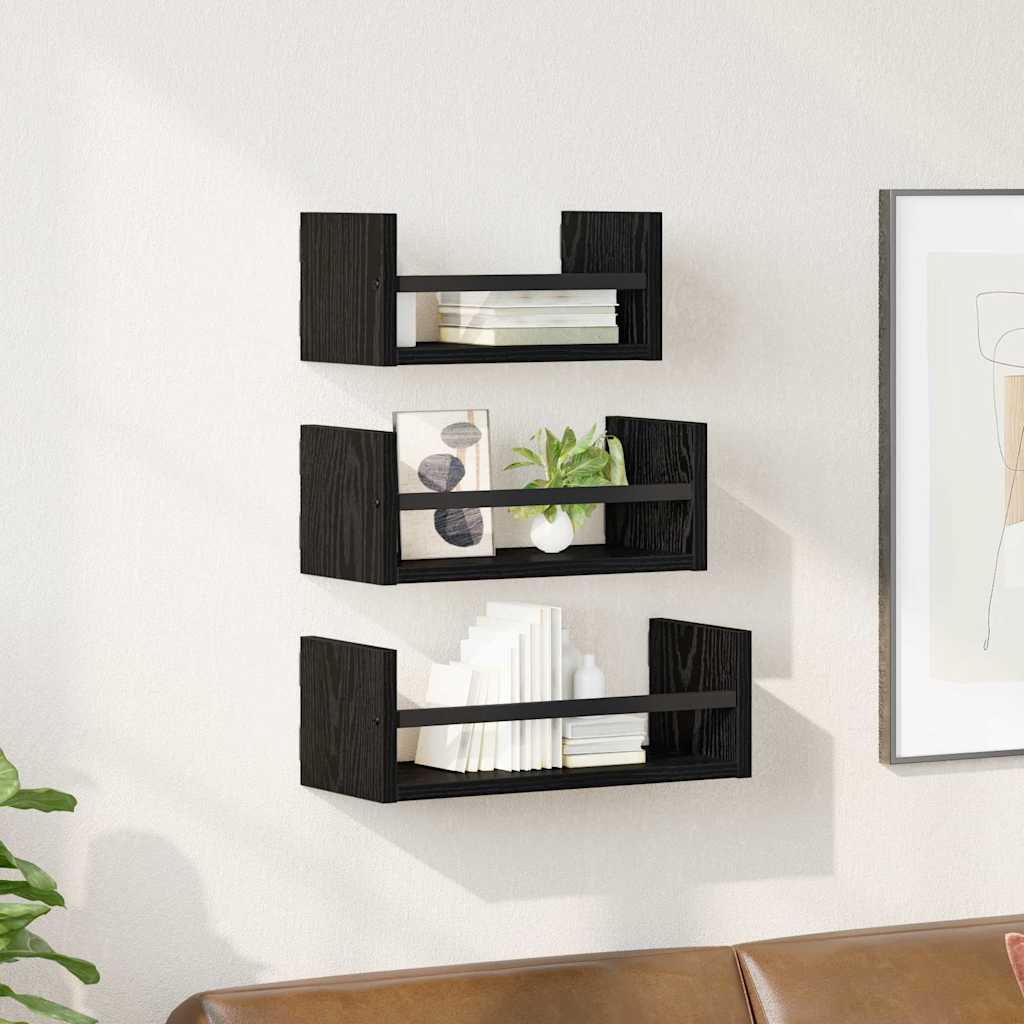 Wandplankenset 3 pcs Zwart Eiken 40x16x14cm Bewerkt hout