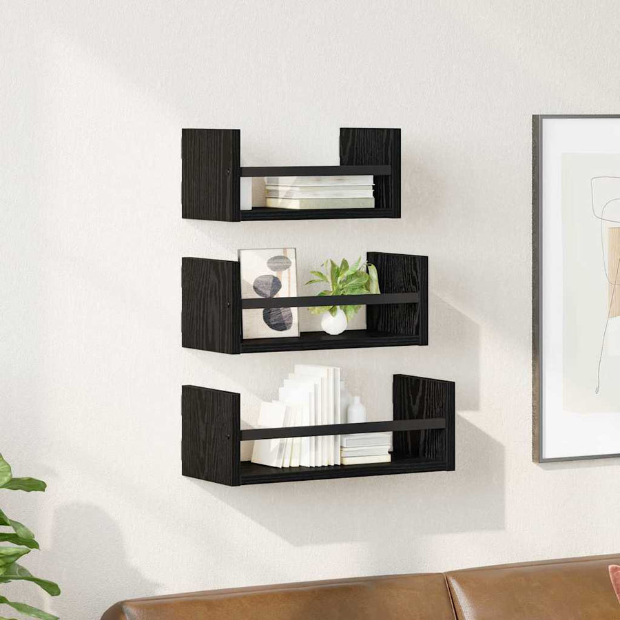 Wandplankenset 3 pcs Zwart Eiken 40x16x14cm Bewerkt hout