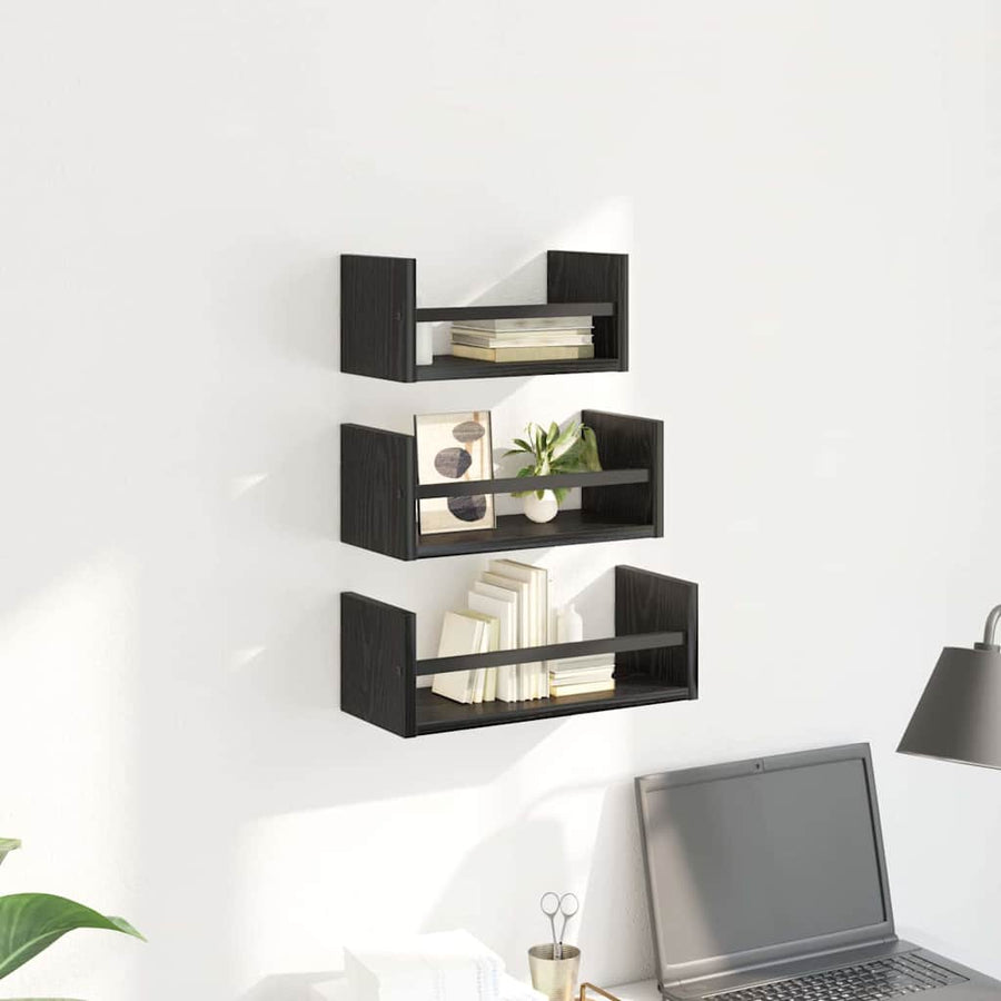 Wandplankenset 3 pcs Zwart Eiken 40x16x14cm Bewerkt hout