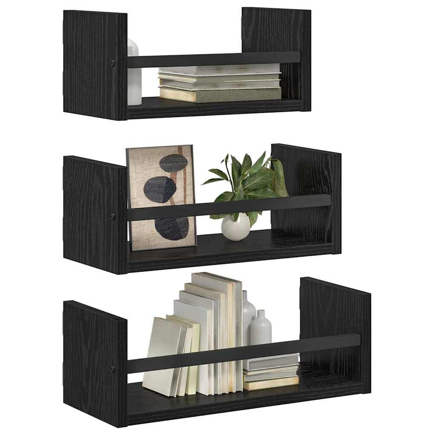Wandplankenset 3 pcs Zwart Eiken 40x16x14cm Bewerkt hout