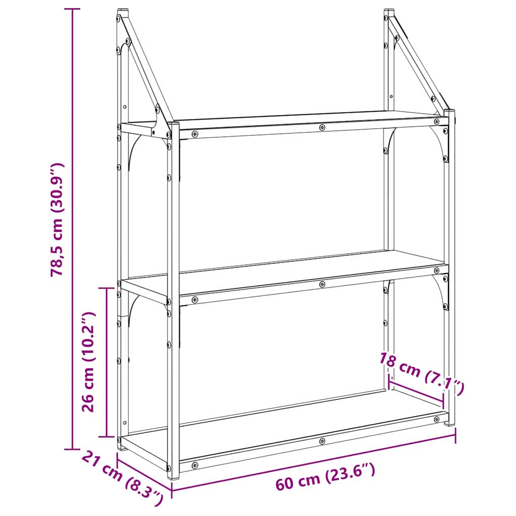 Wandplank met plank Zwart Eiken 60 x 21 x 78,5 cm Bewerkt hout