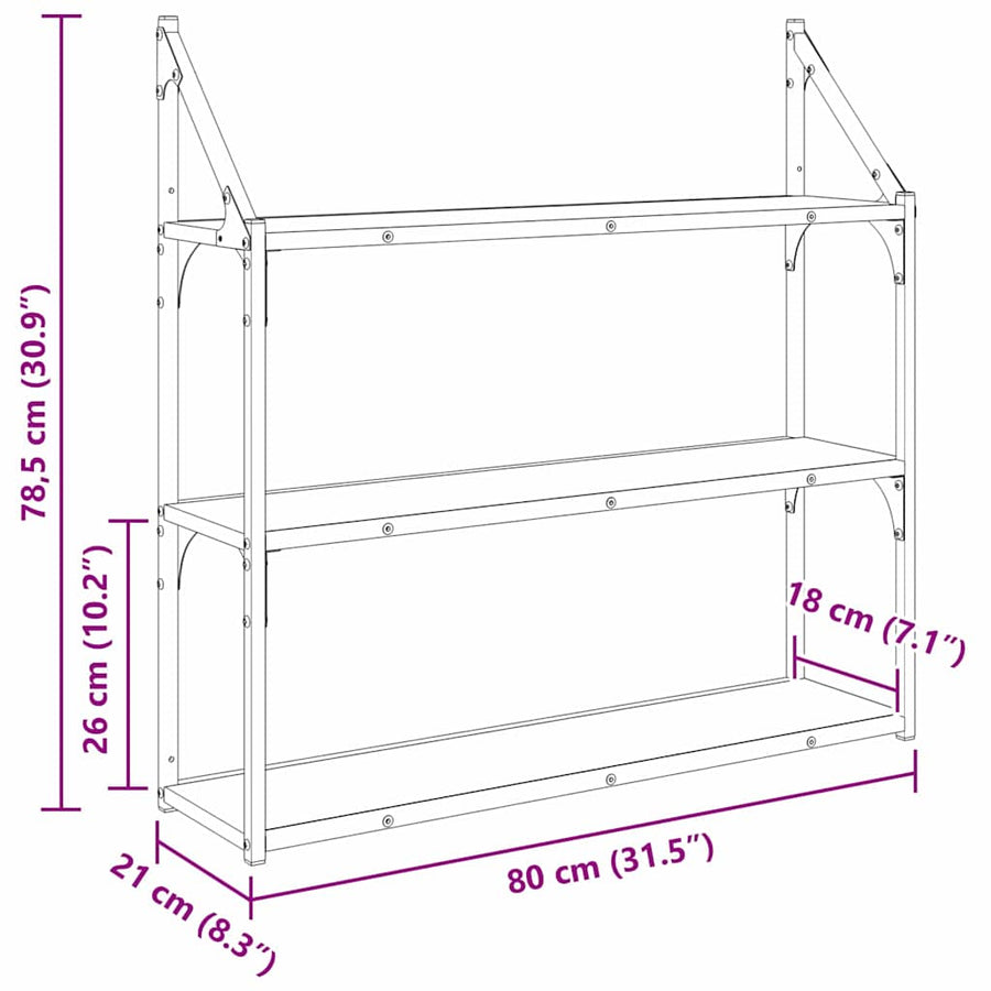 Wandplank met plank Zwart Eiken 80 x 21 x 78,5 cm Bewerkt hout