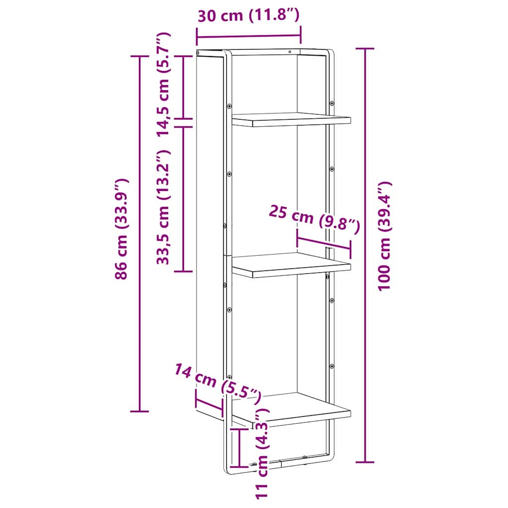 Wandplank met plank Zwart Eiken 30 x 25 x 100 cm Bewerkt hout