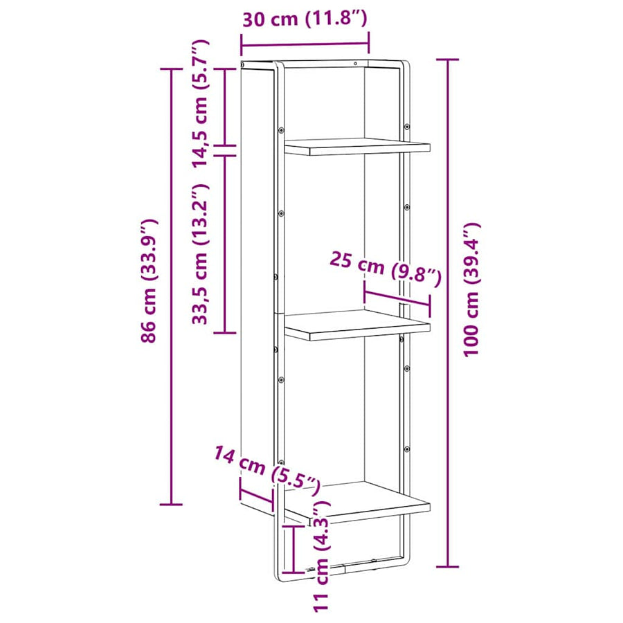 Wandplank met plank Zwart Eiken 30 x 25 x 100 cm Bewerkt hout