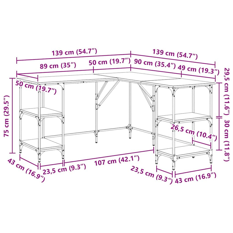 Bureau Zwart Eiken 139 x 139 x 75 cm Bewerkt hout