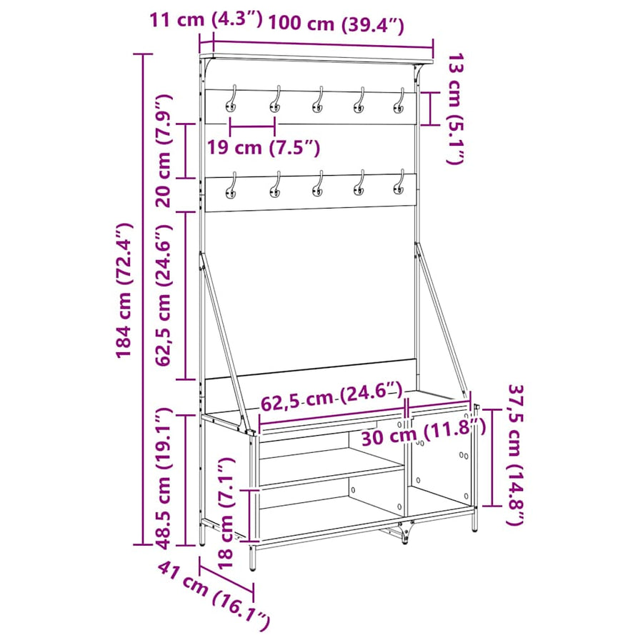 Kledingrek met plank Zwart Eiken 100 x 41 x 184 cm Bewerkt hout