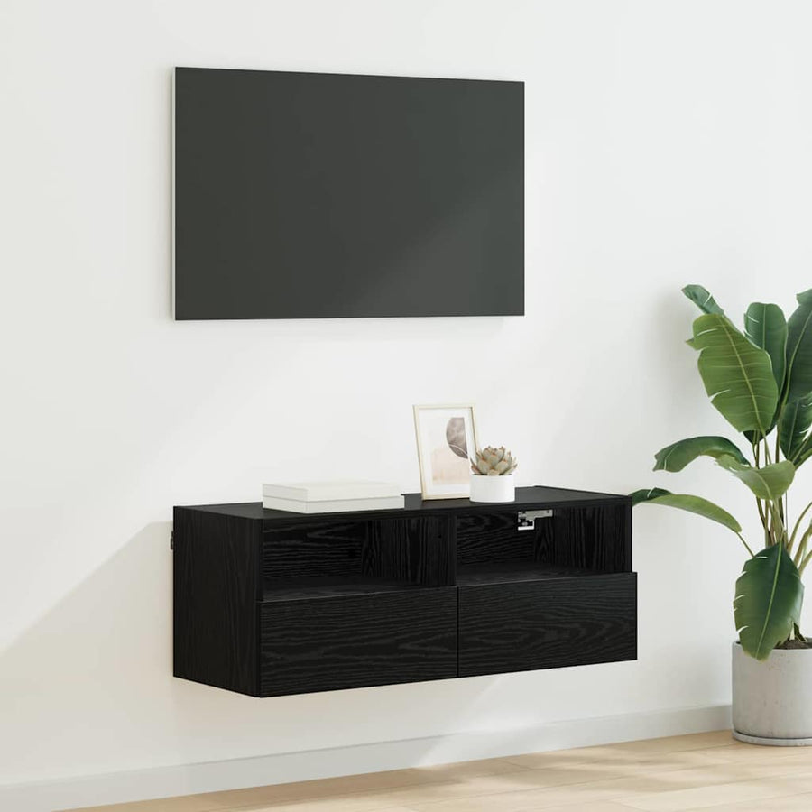 TV Wandkast Zwart Eiken 80 x 30 x 30 cm Bewerkt hout