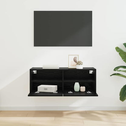 TV Wandkast Zwart Eiken 80 x 30 x 30 cm Bewerkt hout