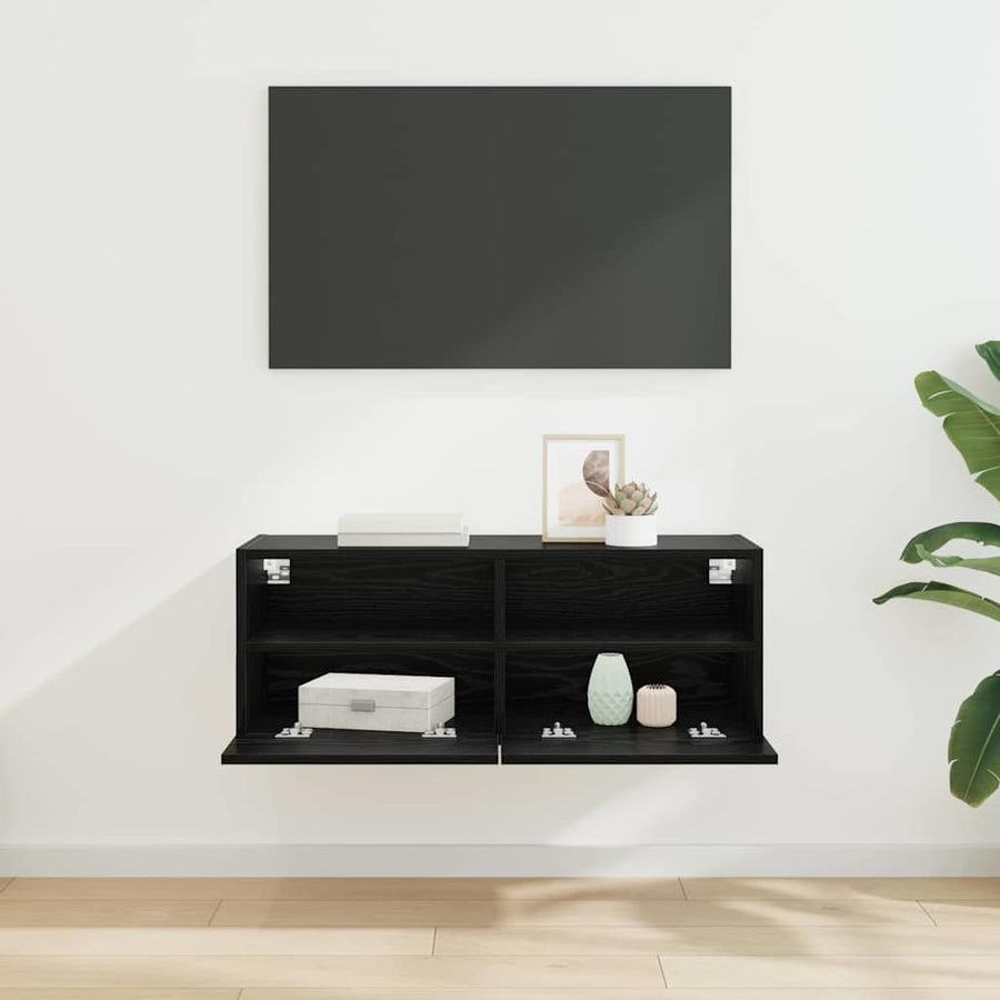 TV Wandkast Zwart Eiken 80 x 30 x 30 cm Bewerkt hout