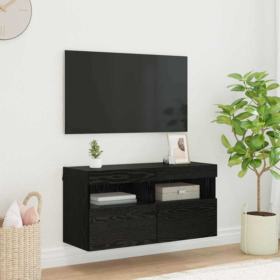 Tv Wandkast Zwart Eiken 80 X 30 X 40 Cm Bewerkt Hout