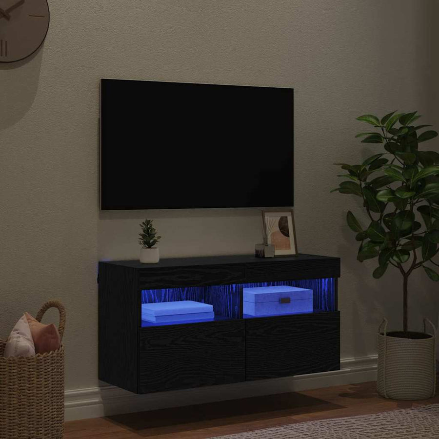 Tv Wandkast Zwart Eiken 80 X 30 X 40 Cm Bewerkt Hout