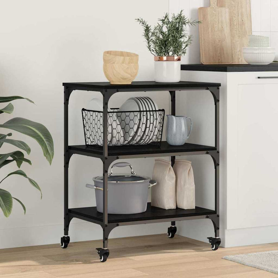 Keuken Trolley Zwart Eiken 60 x 41 x 76 cm Bewerkt hout