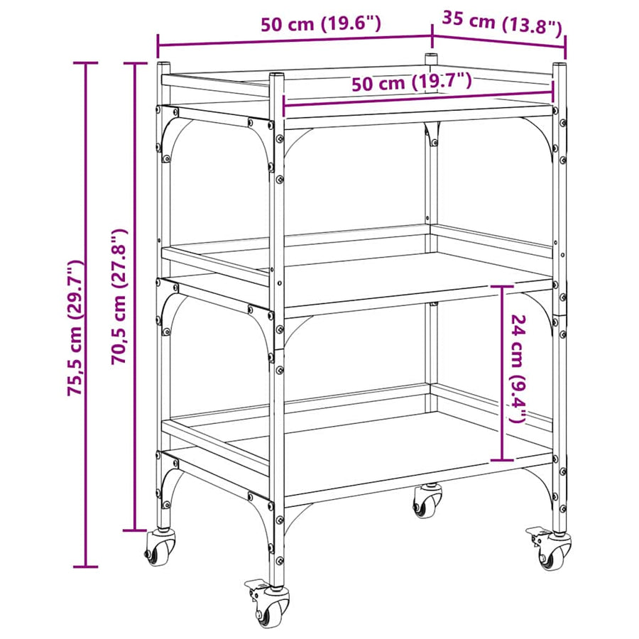 Keuken Trolley Zwart Eiken 50 x 35 x 75.5 cm Bewerkt hout