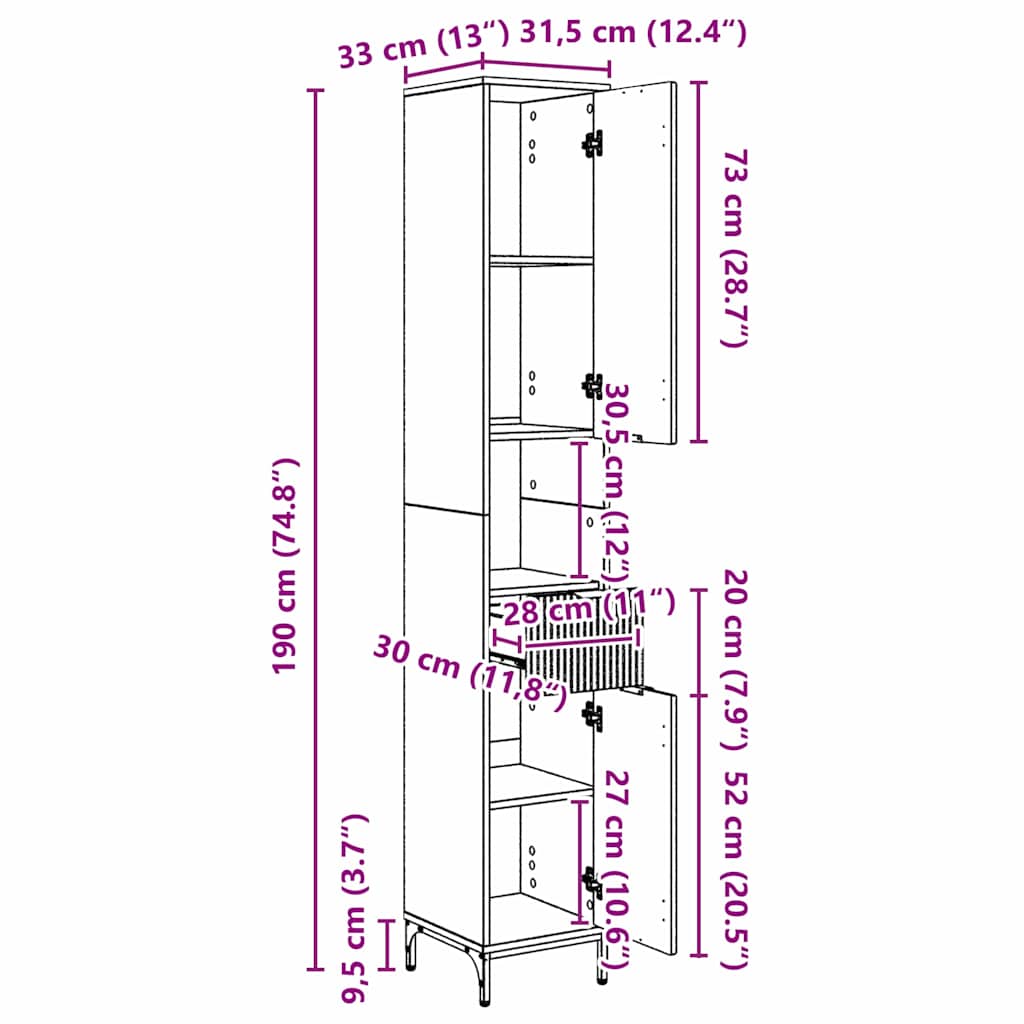 Hoge badkamerkast met lade Wit 31.5 x 33 x 190 cm Bewerkt hout