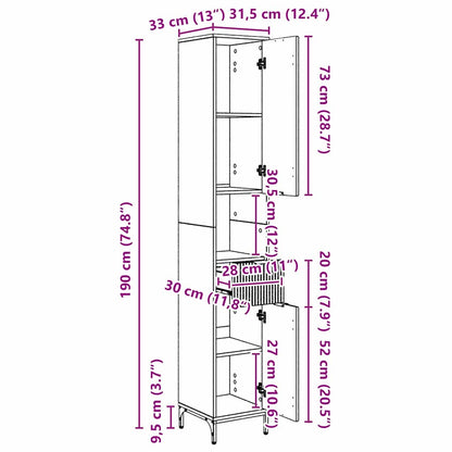 Hoge badkamerkast Grijs sonoma 31.5 x 33 x 190 cm Bewerkt hout
