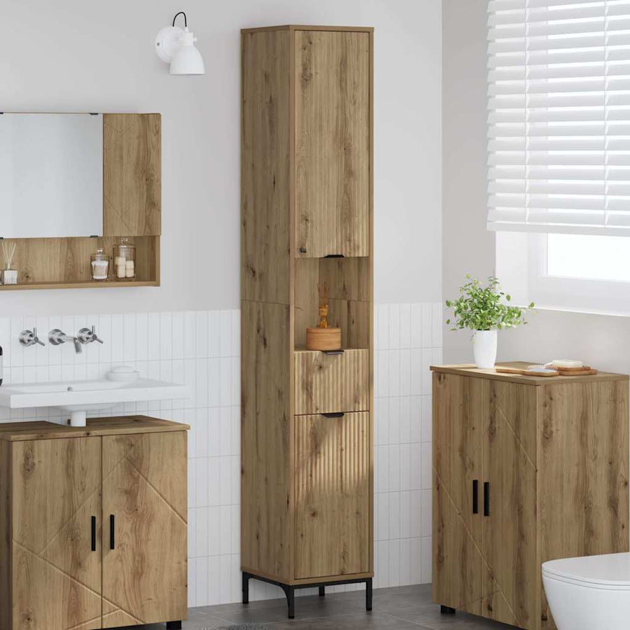 Hoge badkamerkast artisanaal eikenkleurig 31.5 x 33 x 190 cm