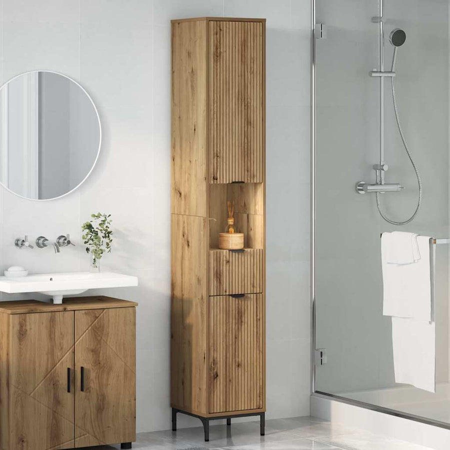 Hoge badkamerkast artisanaal eikenkleurig 31.5 x 33 x 190 cm