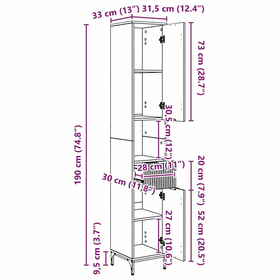 Hoge badkamerkast artisanaal eikenkleurig 31.5 x 33 x 190 cm