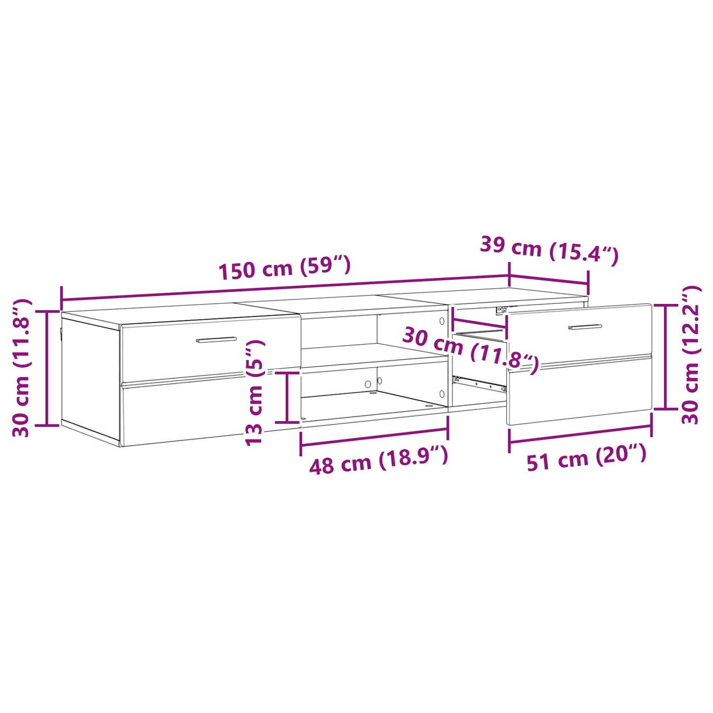 Houten Kast met lade Zwart 150 x 39 x 30 cm Bewerkt hout