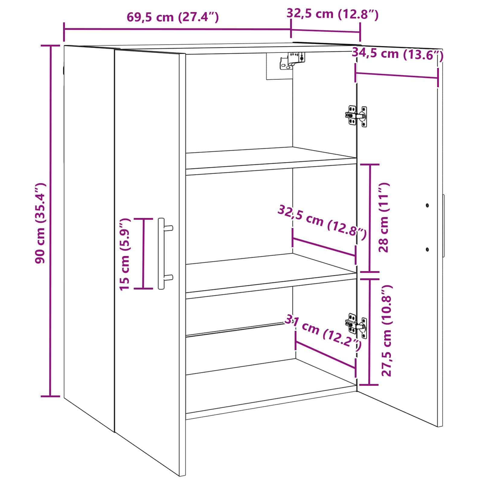 Wandkast 2 pcs Zwart Eiken 69,5 x 34 x 90 cm Bewerkt hout