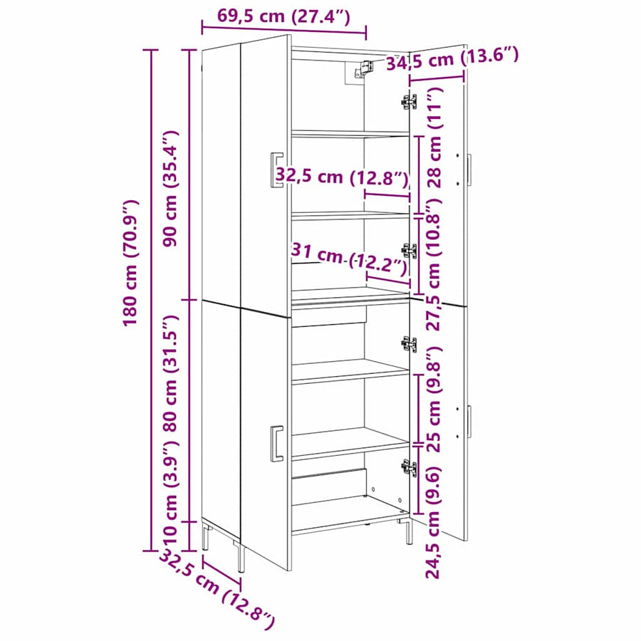 Highboard Oud hout 69,5 x 34 x 180 cm Bewerkt hout
