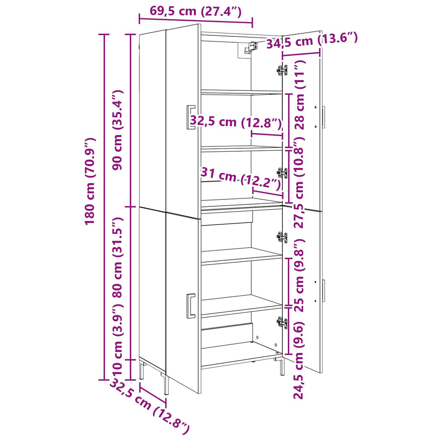 Highboard Zwart eiken 69,5 x 34 x 180 cm Bewerkt hout