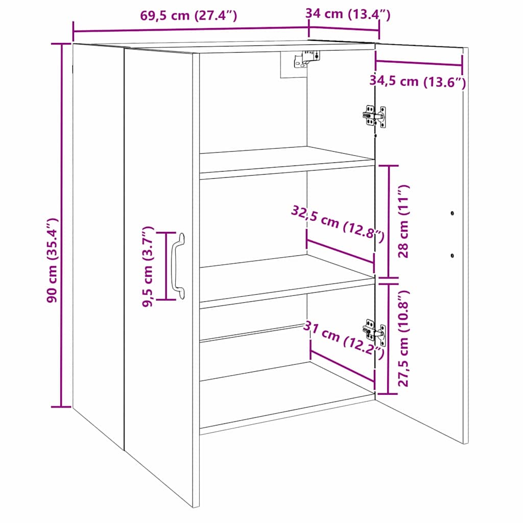 Wandkast 2 pcs Zwart Eiken 69,5 x 34 x 90 cm Bewerkt hout