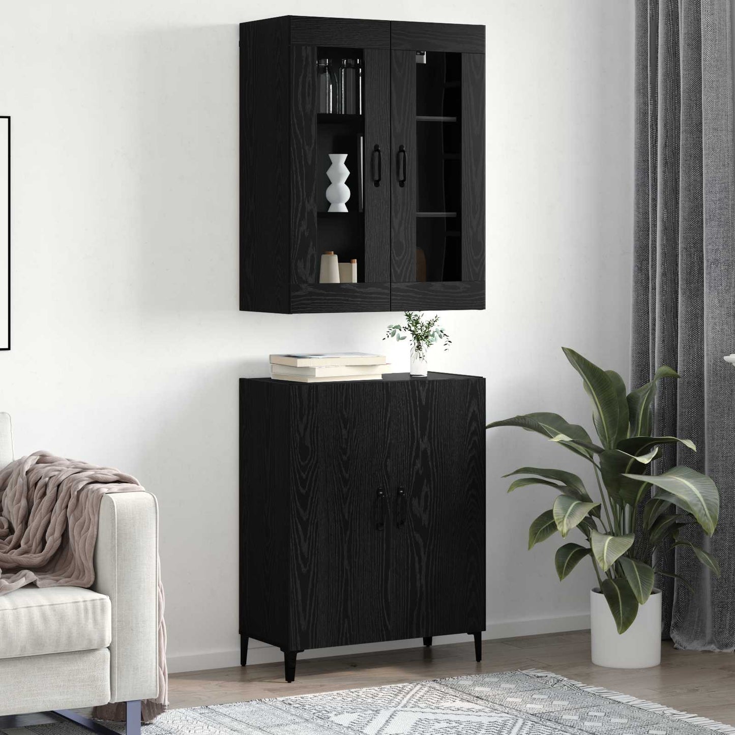 Hoge kast 2 pcs Zwart Eiken Bewerkt hout