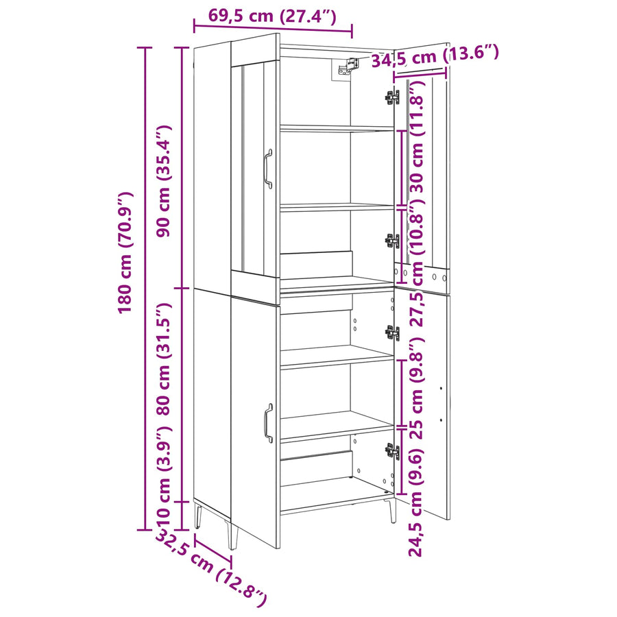 Hoge kast 2 pcs Zwart Eiken Bewerkt hout