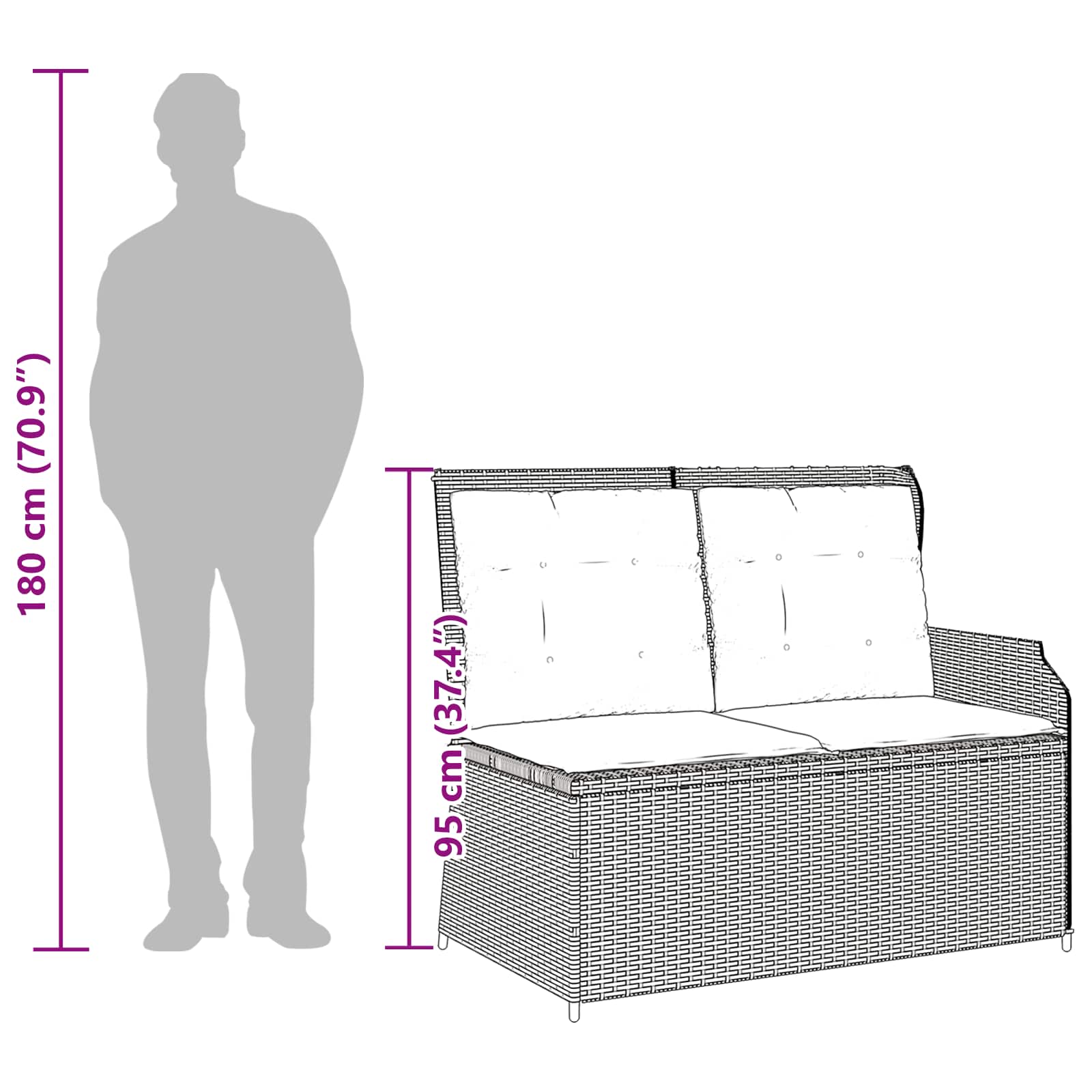 Tuinbank met kussen Zwart en Cream Wit poly rattan
