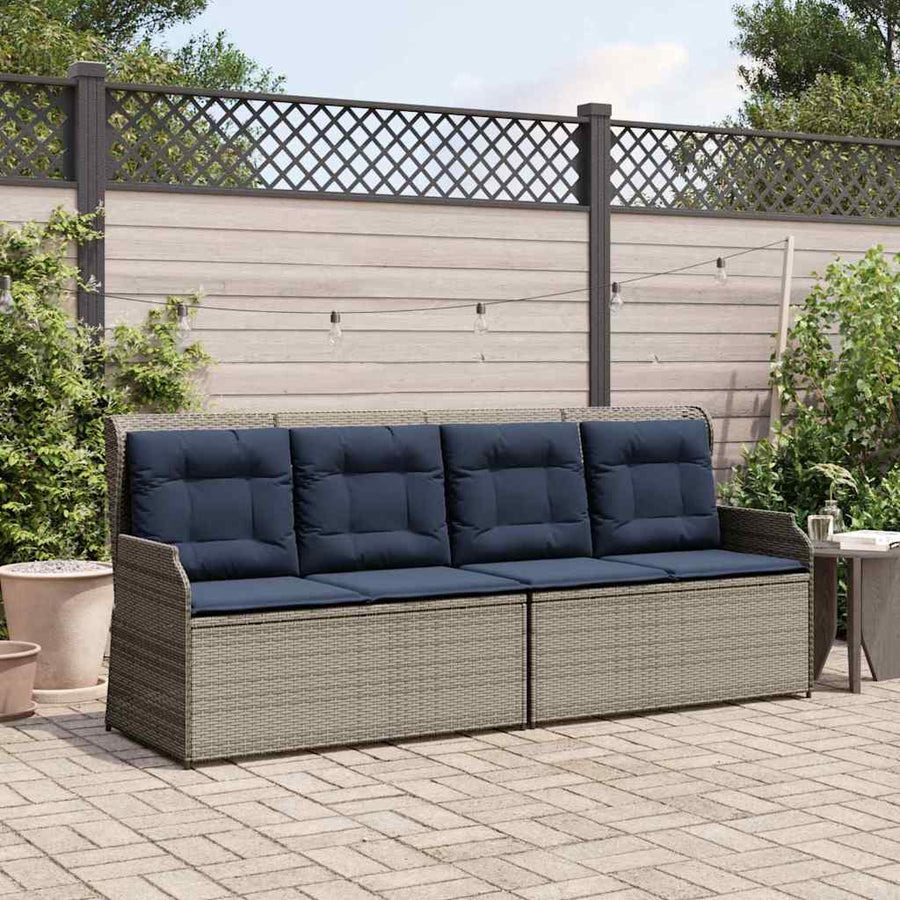 Tuinbank met kussen Grijs en Marineblauw poly rattan