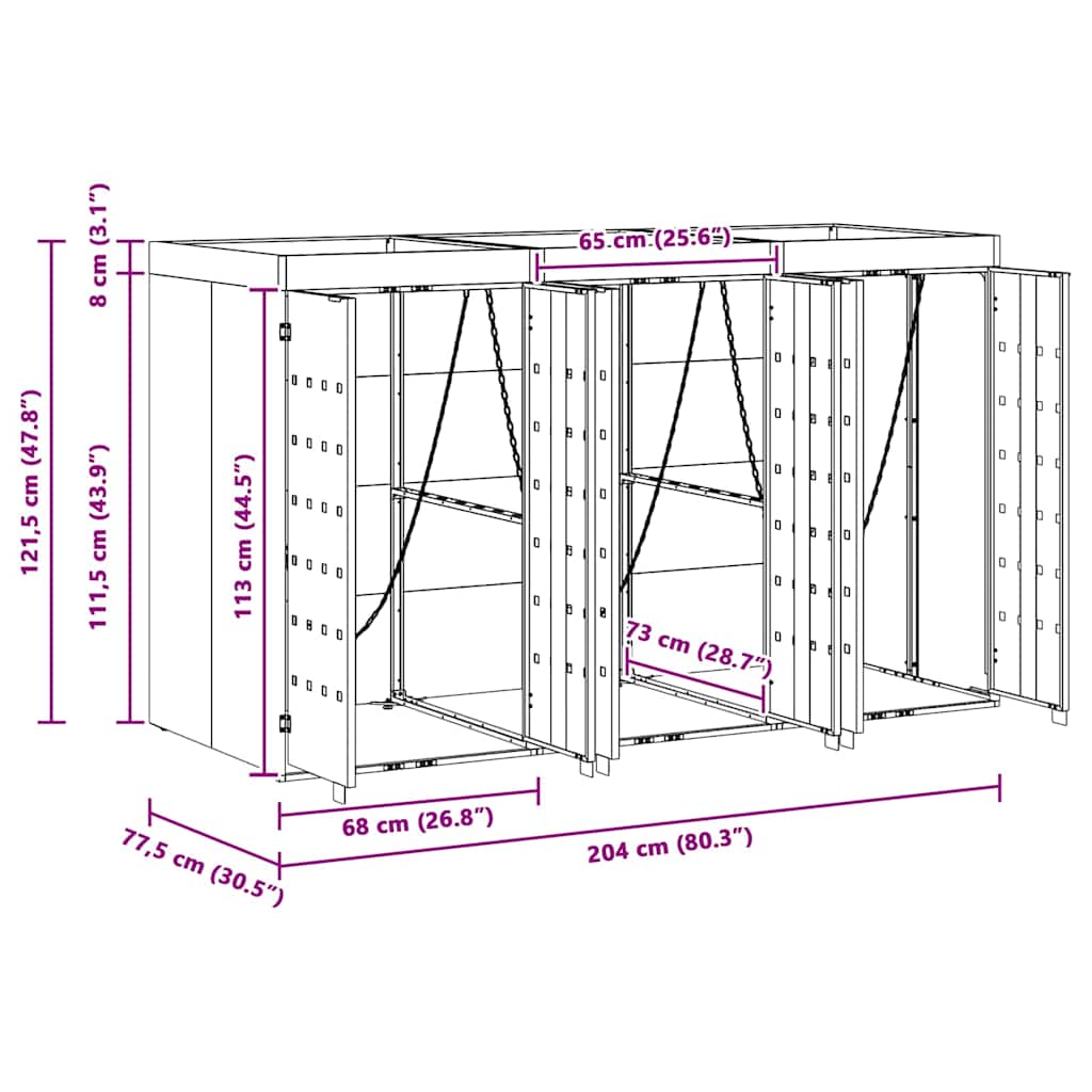 Wieltjesbakopslag voor 3 bakken Zwart 204 x 77,5 x 121,5 cm