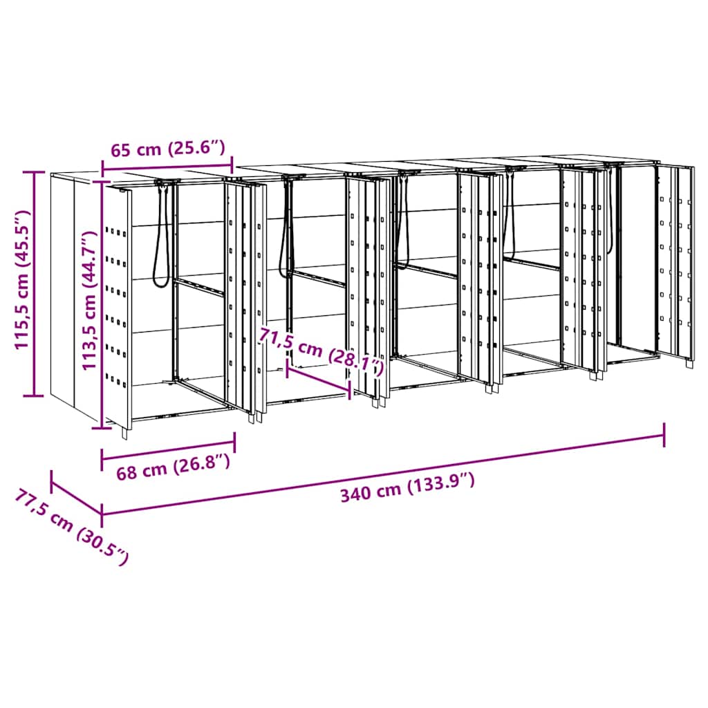 Wieltjesbakopslag voor 3 bakken Zilver 340 x 77.5 x 115.5 cm