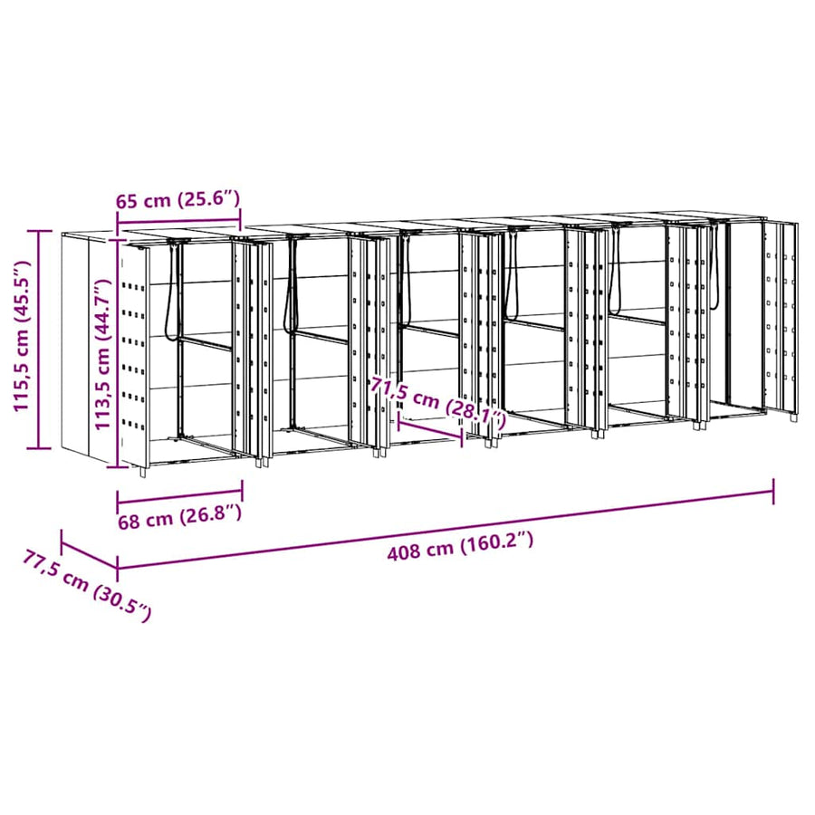 Wieltjesbakopslag voor 3 bakken Zilver 340 x 77.5 x 115.5 cm
