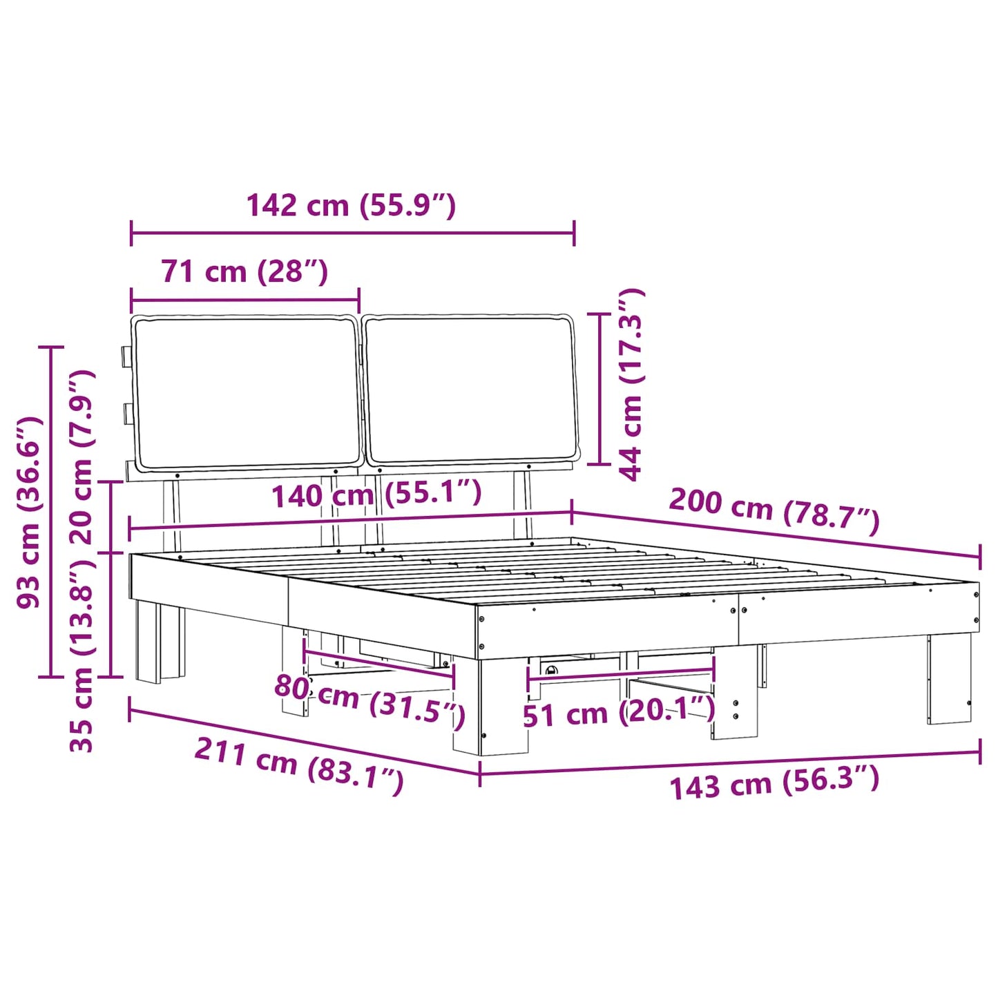 Bedframe met Gevoerd Hoofdgedeelte Lichtgrijs 140 x 200 cm