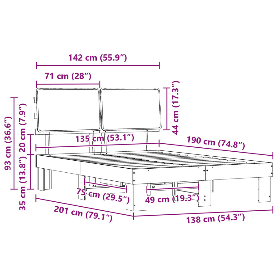 Bedframe met Gevoerd Hoofdgedeelte Lichtgrijs 135 x 190 cm