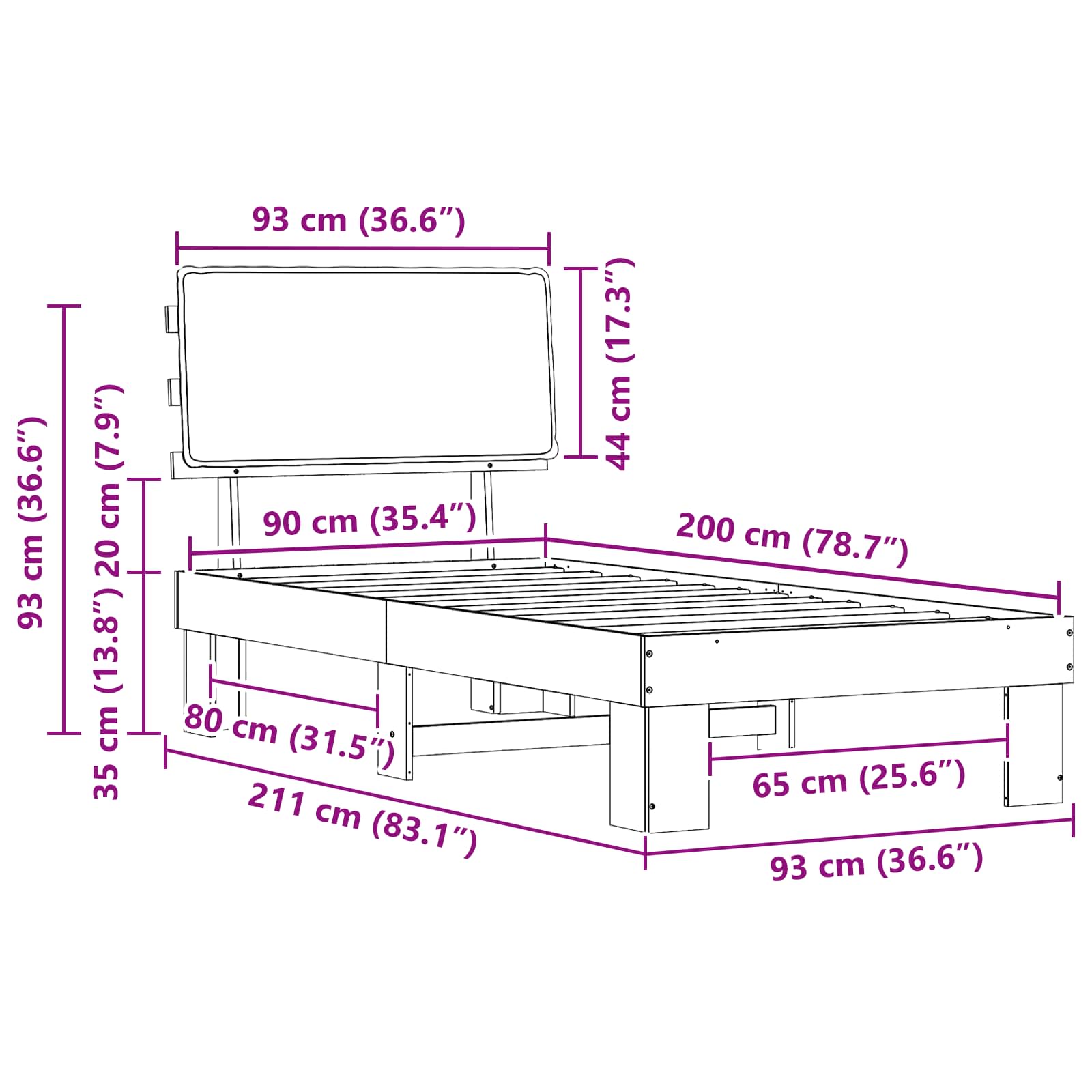 Bedframe met Gevoerd Hoofdgedeelte Donkergrijs 90 x 200 cm
