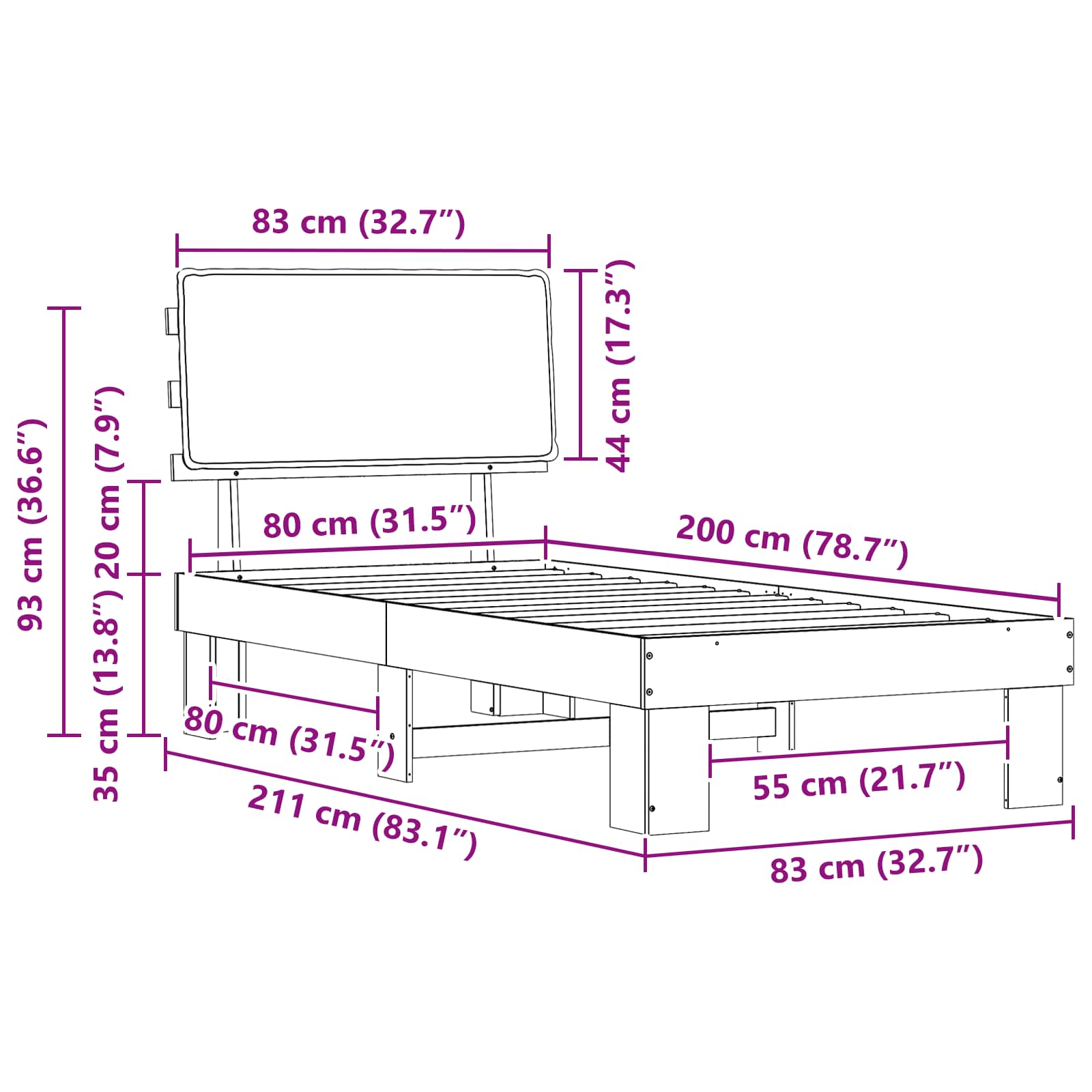 Bedframe met Gevoerd Hoofdgedeelte Zwart 80 x 200 cm