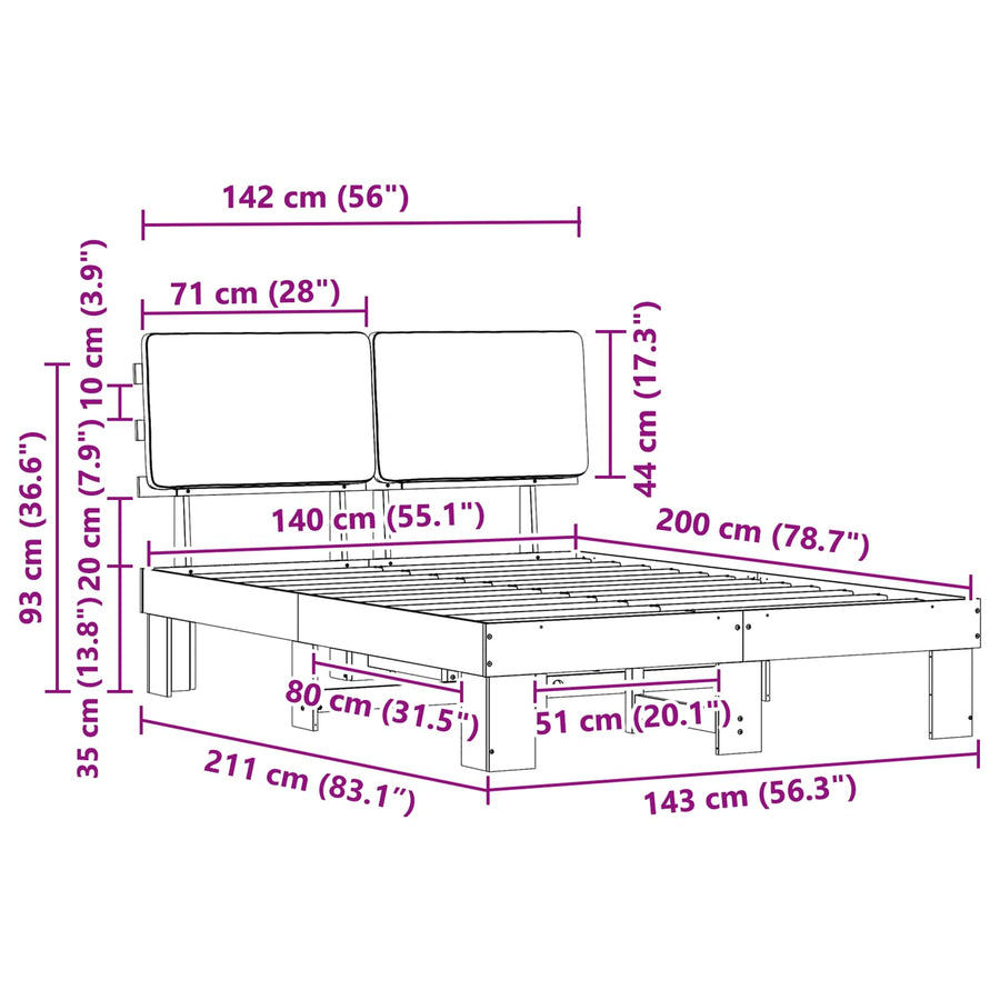 Bedframe met Gevoerd Hoofdgedeelte Lichtgrijs 140 x 200 cm