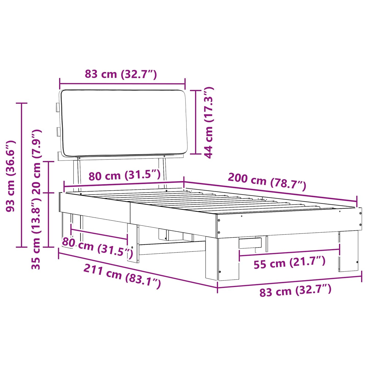 Bedframe met Gevoerd Hoofdgedeelte Zwart 80 x 200 cm