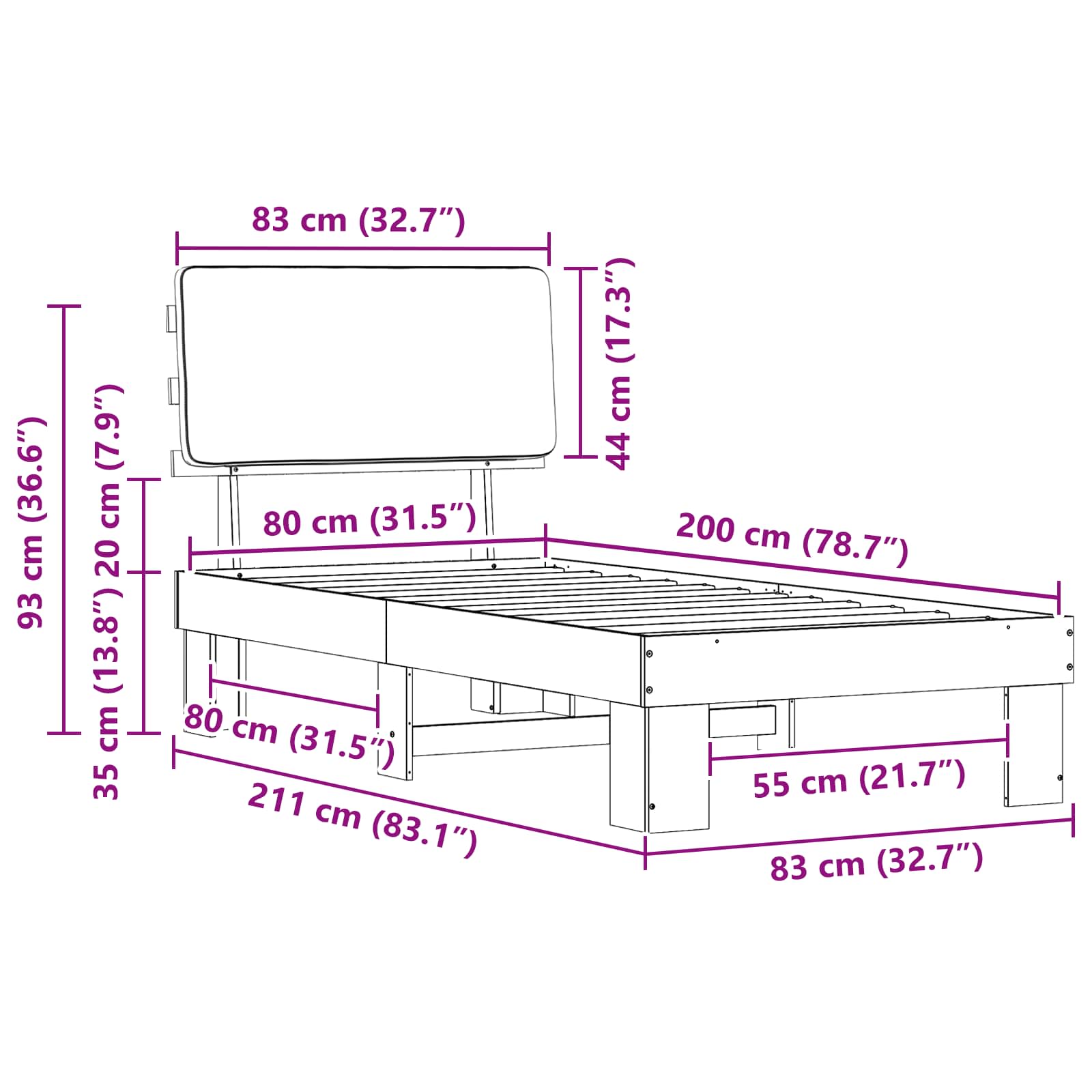 Bedframe met Gevoerd Hoofdgedeelte Zwart 80 x 200 cm