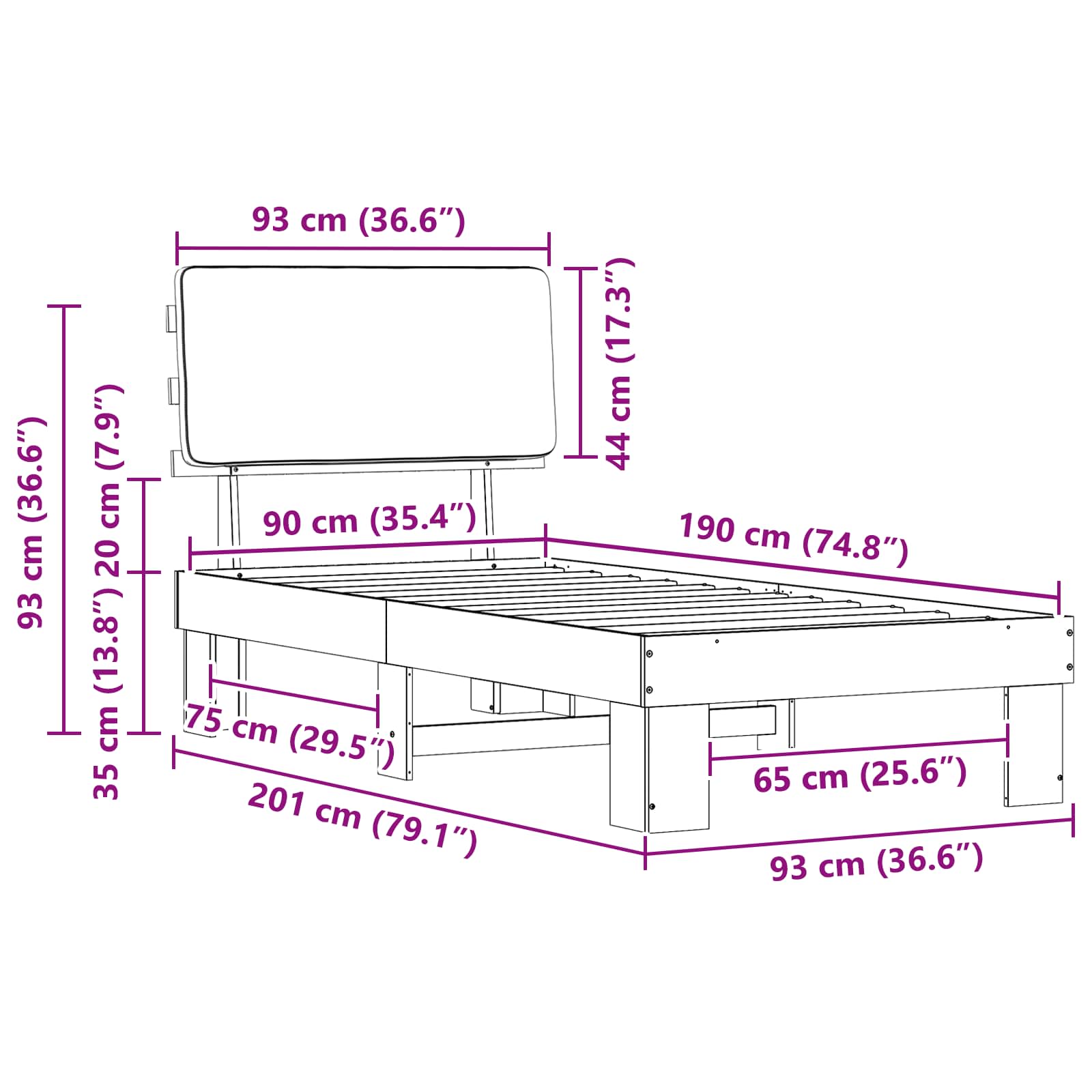 Bedframe met Gevoerd Hoofdgedeelte Zwart 90 x 190 cm